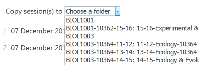 A highlighted view of the moving options. An expanded dropdown folder shows a list of various Panopto folders.