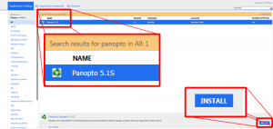 Panopto 5l.1 is selected in an additional software website. Install in the bottom right corner is highlighted