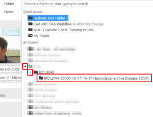 Choose folder at top. 4 quick access folders below. All folders below. Biol, BIOL3048 have arrow highlighted to the left. BIOL3048-20500-16-17 highlighted