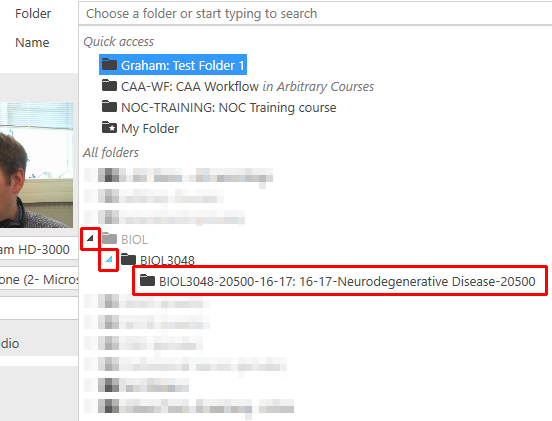 Panopto recorders expanded folder list, showing a BIOL folder expanded down to show an academic year folder.