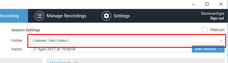 Panopto recorder, highlighting the 'Folder' dropdown menu.