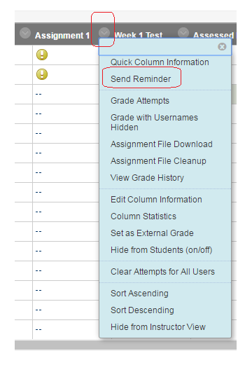 Blackboard Grade Centre Reminders For Assignments Tests Or Surveys Elearning Support And 5402