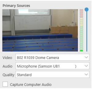 Panopto recorder 'Primary sources', showing a picture of lecture theatre. Video: Dome Camera. Audio: Microphone Samson UB1. Quality: Standard.