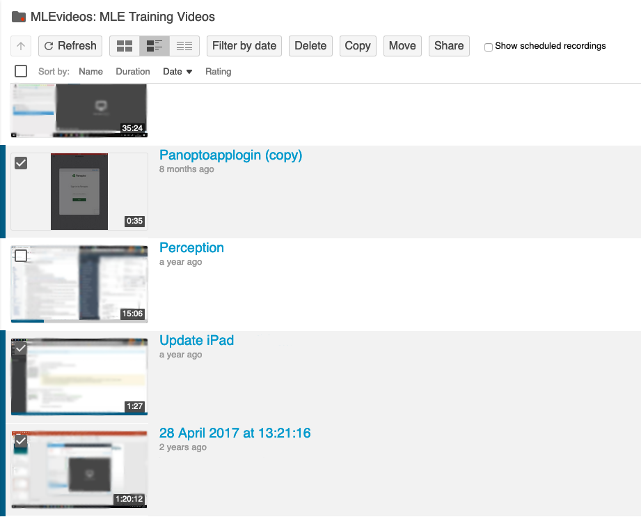 A focused view of a Panopto course folder page. It shows a list of recording previews where some have been selected.