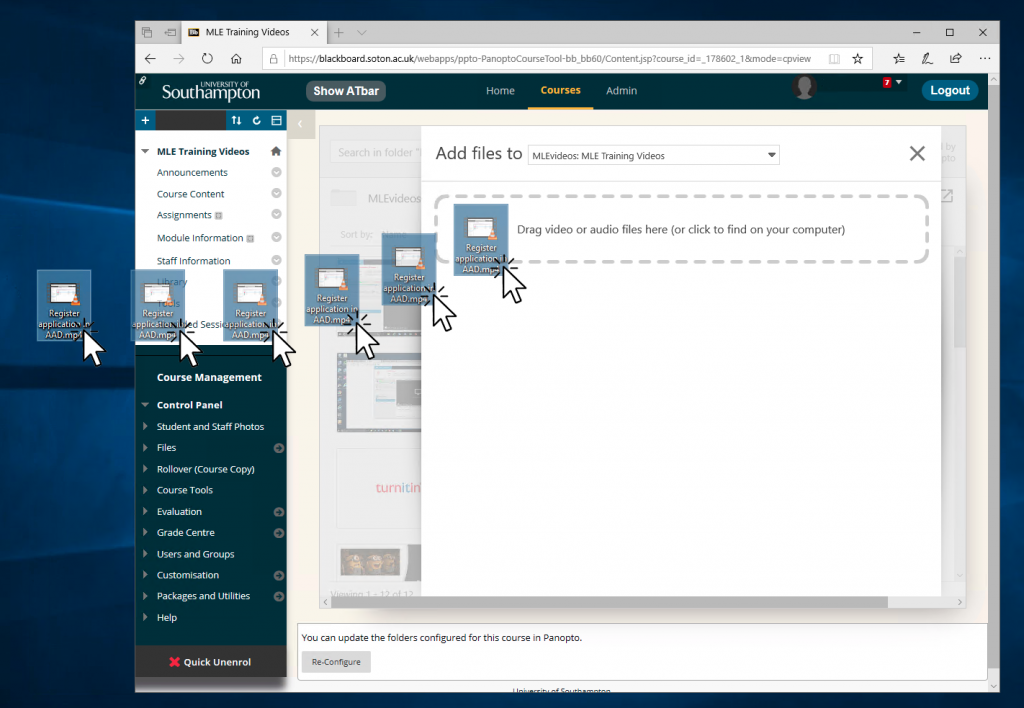 A view of a Blackboard course showing the courses Panopto area. There is a file being dragged over to the Panopto area where it shows a message of: "Drag video or audio files here".