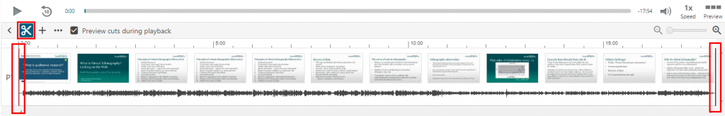 A highlighted view of the Panopto editor timeline. The start and end of the video has tabs that are selected.