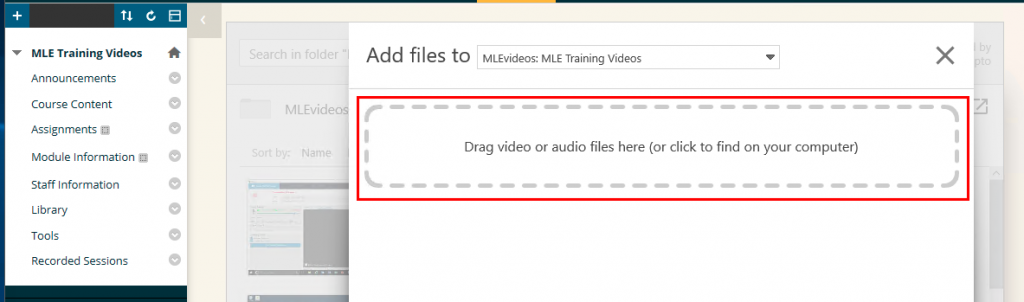 A highlighted view of the Panopto area on a course for uploading content, with the page saying: "Drag video or audio files here".