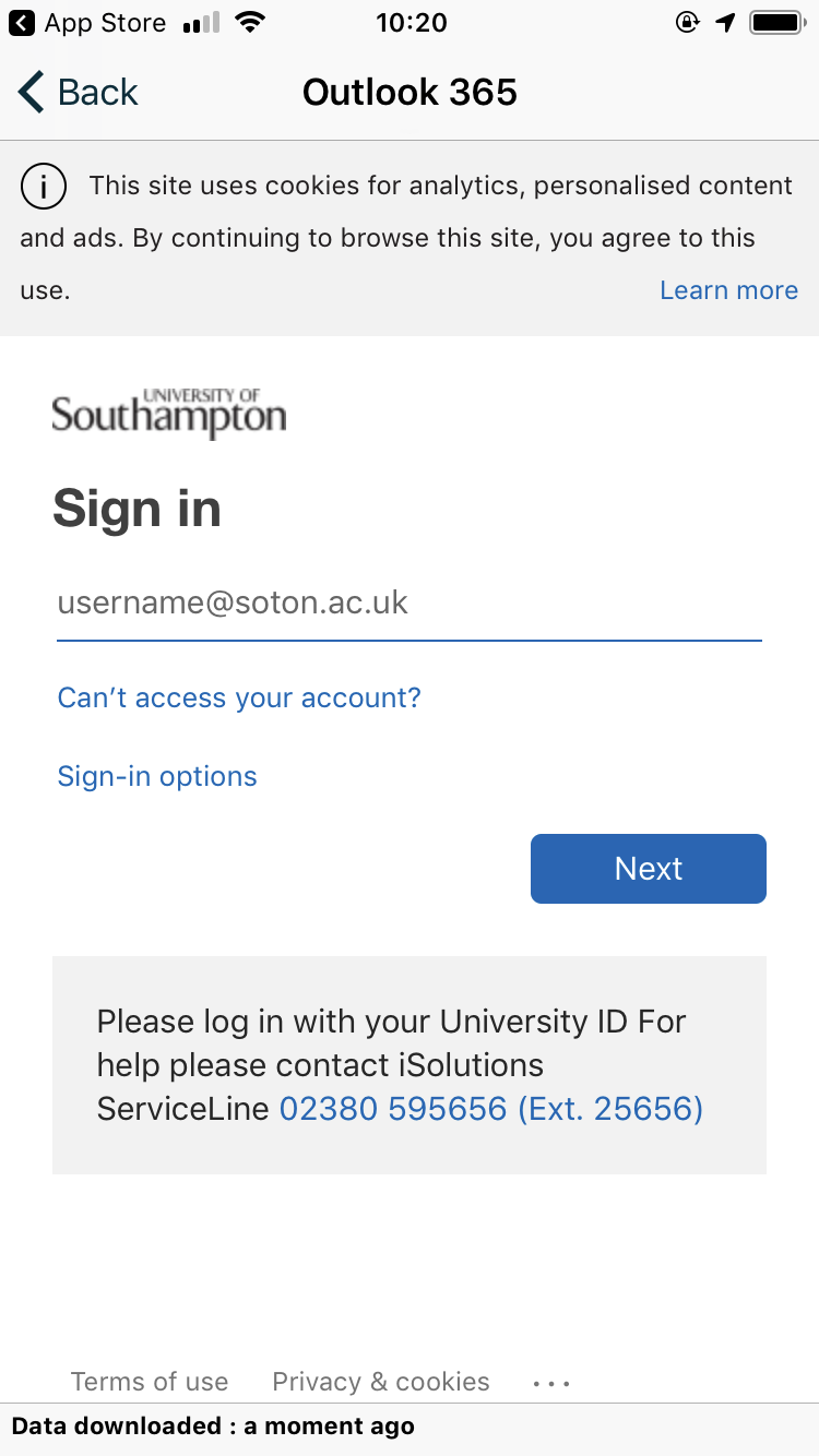 The MySouthampton app with a University login page.
