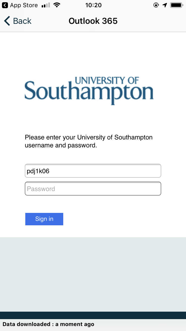 The MySouthampton app with a University login page.