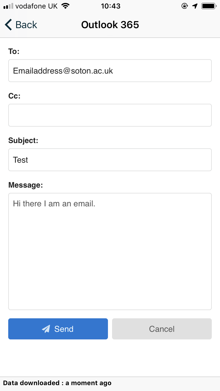 The MySouthampton app email page showing a send email interface with some example text filled in.