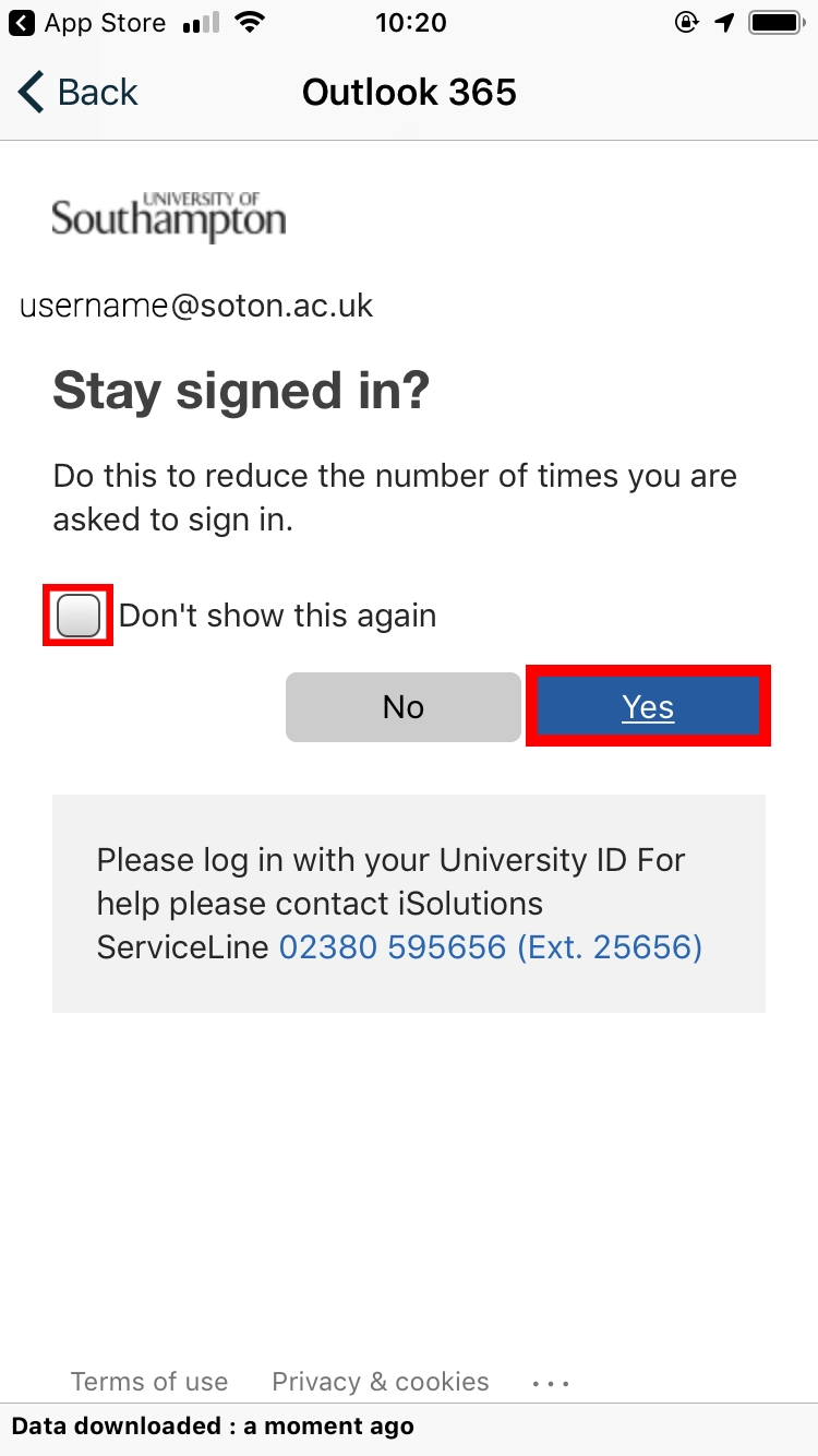The MySouthampton app with a University login page asking if you wish to stay signed in.