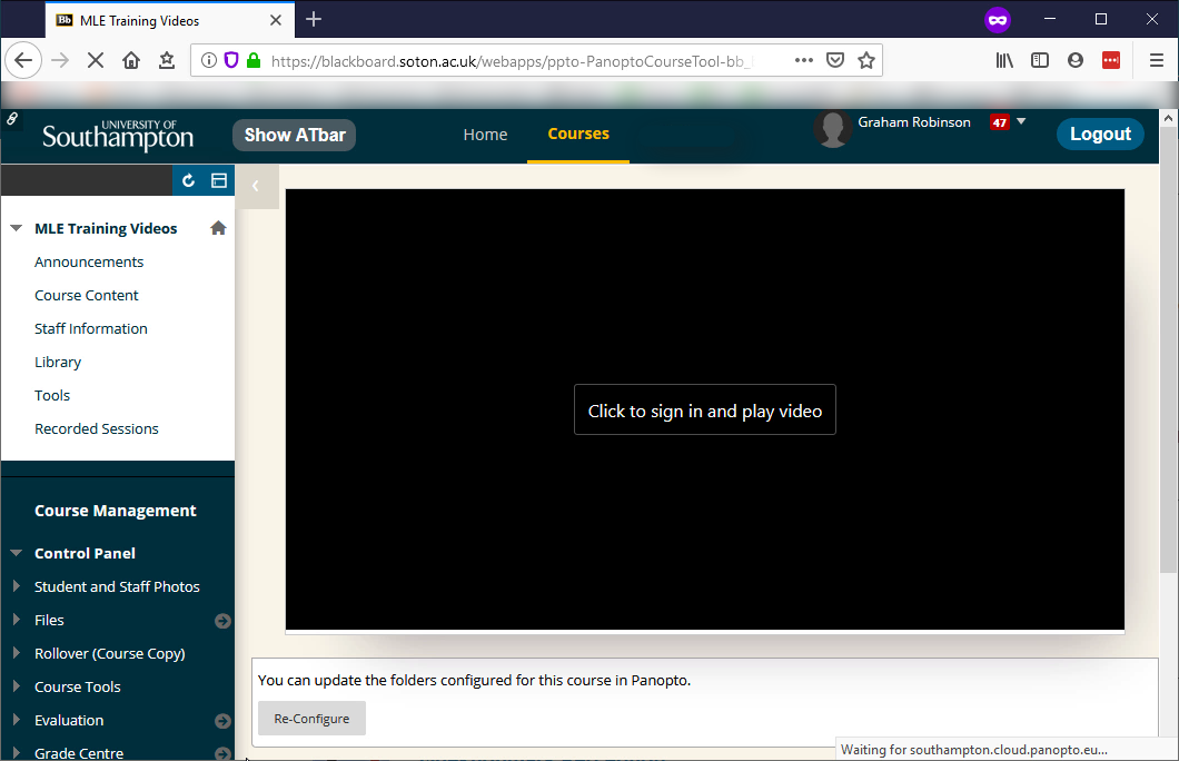 A web browser showing a Blackboard course. Recorded session has been selected, but instead of showing videos there is a black screen with the words: 'Click to sign in and play video'.