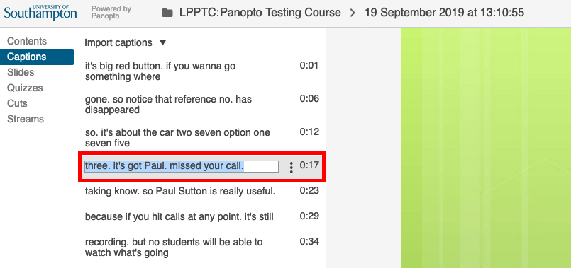 Panopto online editor captions screen highlighting a text caption being edited.