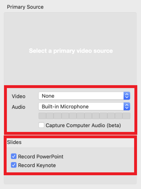 A highlighted view of the recorder showing the 'Primary Source' area. No video source has been selected. Audio has been selected and tick boxes for capture PowerPoint and Keynote are selected.