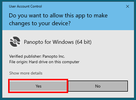 A Windows notification box asking permission to make changes to the computer.