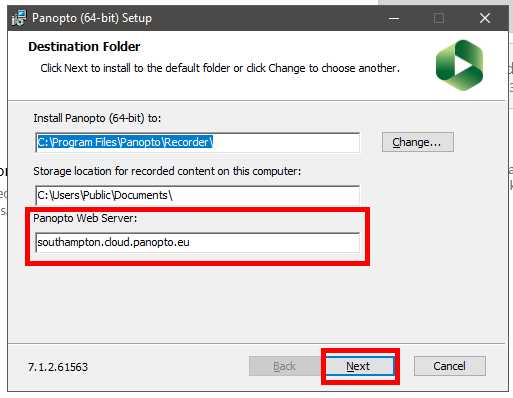 The Panopto installer software, prefilled with the installation destination, where recordings are stored and the web server address for Panopto.