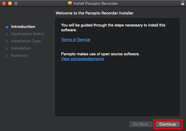 Showing the Mac Panopto recorder installer application.