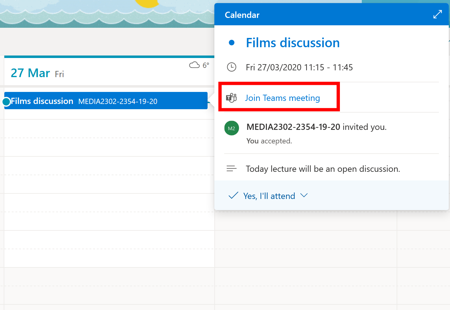 A highlight of a web Outlook calendar showing a meetings details.
