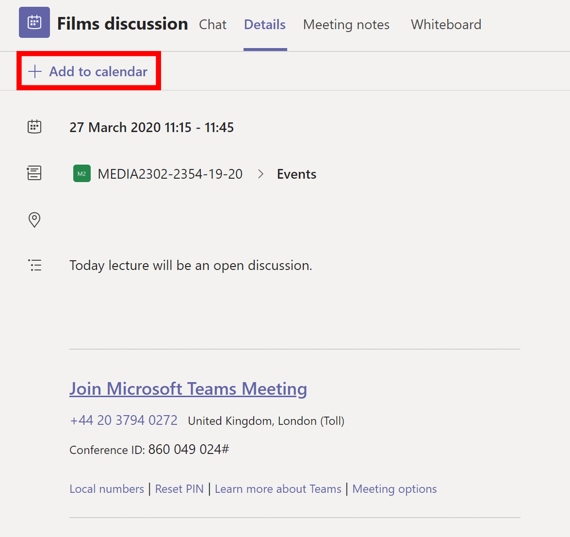 A highlight of the Teams interface showing a meetings details.