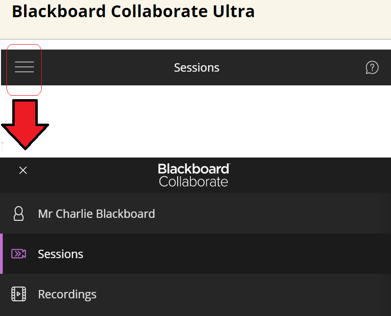 Blackboard Collaborate interface highlighting the menu icon.