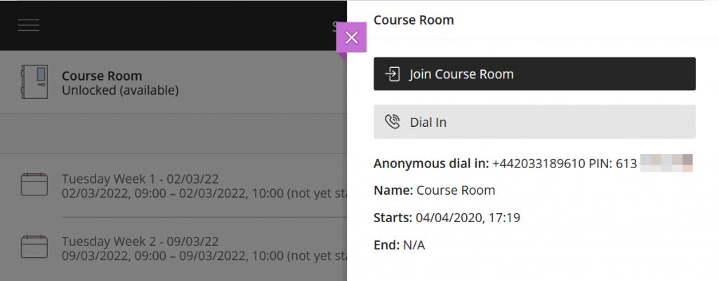 Course room, join course room, dial in, phone numbers and pin are blurred out