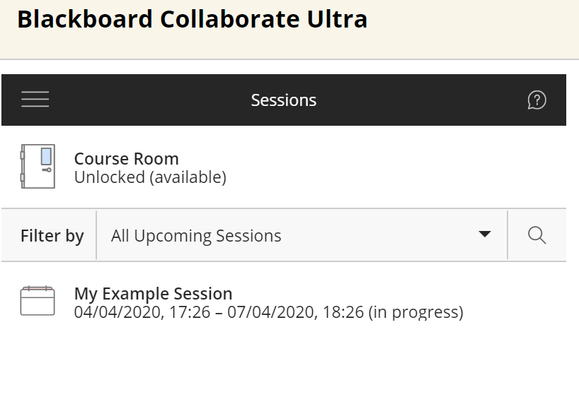 Blackboard Collaborate interface showing a sessions list.