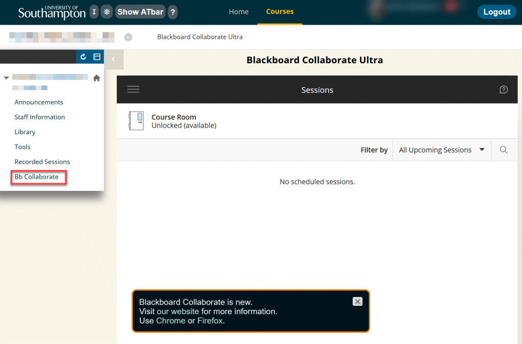 blackbard with course infomration blurred out. On the left menu Bb Collaborate is highlighted in red. Course room unlocked visible on right. 