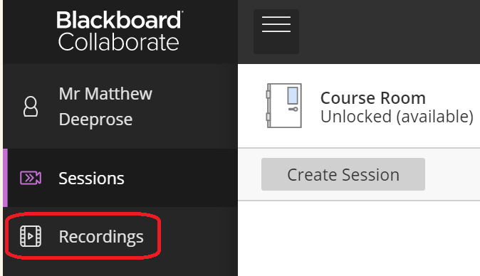 Blackboard Collaborate interface highlighting the Recordings button.