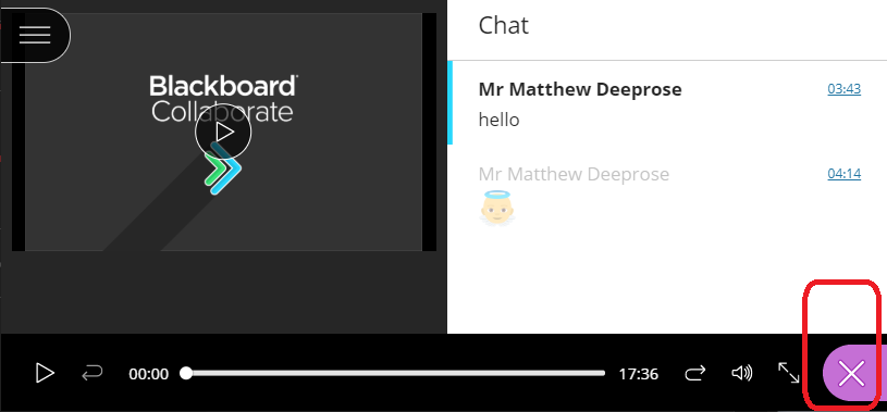 Blackboard Collaborate recording playback interface showing the chat messages playing back.