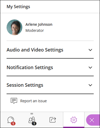 Collaborate interface focused on the settings page.