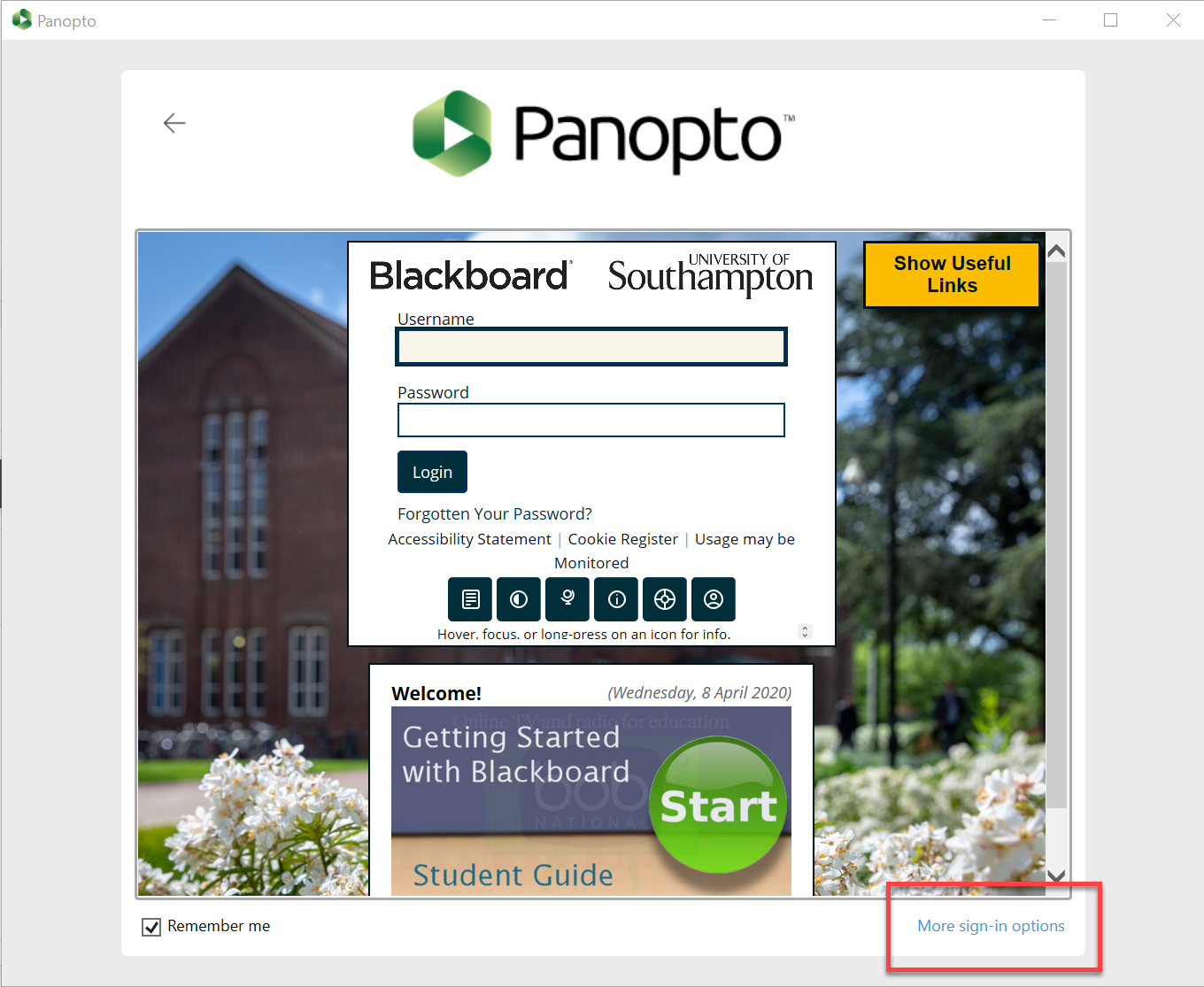 A view of the Panopto recorder showing a Blackboard login page. To the bottom right highlighted is a text button of 'More sign-in options'.