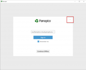 Panopto recorder with a red highlight over three dots in the top right corner of the login screen