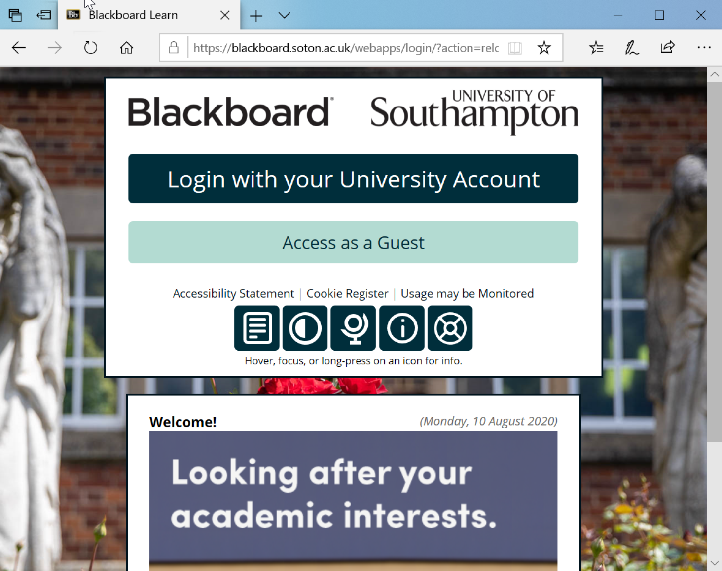 Blackboard website asking for username and password