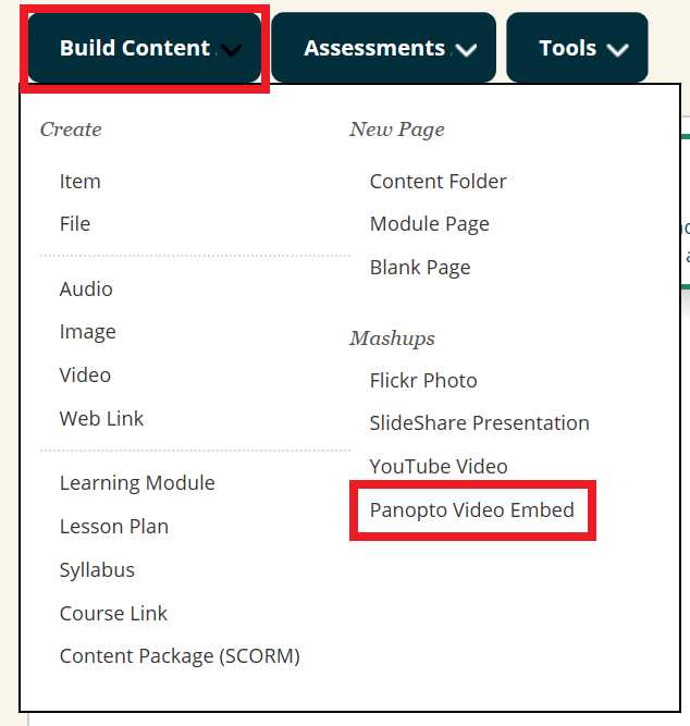 A highlighted image of a Blackboard courses content area where the dropdown list for 'Build Content' is shown.