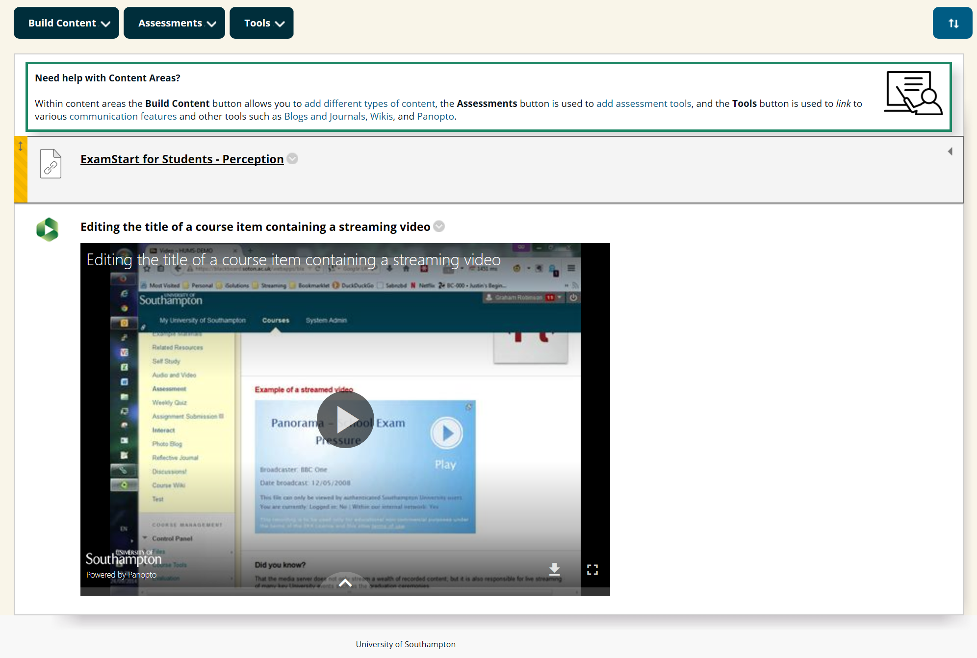 A Blackboard courses content page showing an embedded Panopto video.