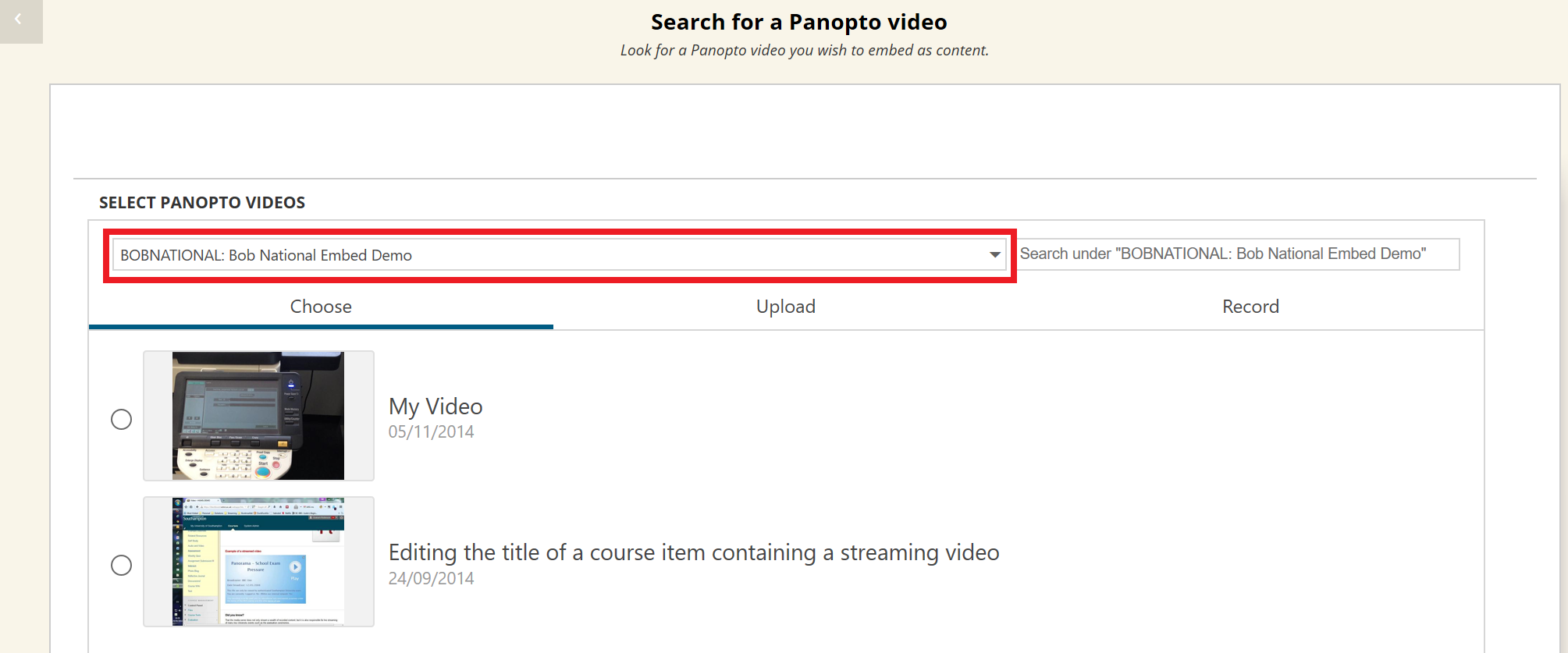 A Panopto video list interface, showing a preview image and title of potential videos that can be added. It is highlighting a folder dropdown list.