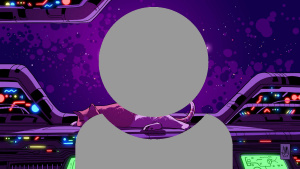 A grey person icon showing just head and shoulders with a computer generate image of a spaceship interior with a cat asleep on a table background.