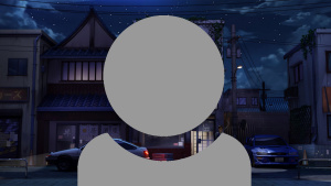 A grey person icon showing just head and shoulders with a computer generated image of a row of houses on a street at night background.