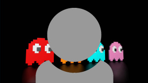 A grey person icon showing just head and shoulders with a row of ghosts from pac man with a black background.