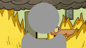 A grey person icon showing just head and shoulders with a drawn image of a lounge room on fire with flames and smoke at the top background.