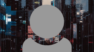 A grey person icon showing just head and shoulders with city skyscrapers glass windows reflecting lights background.