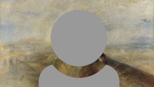 A grey person icon showing just head and shoulders with a painted view of a wispy seascape background.