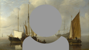 A grey person icon showing just head and shoulders with a painted view of several sail boats on water with dramatic clouds background.