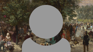 A grey person icon showing just head and shoulders with a painted view of a gathering of people all under a large green tree background.