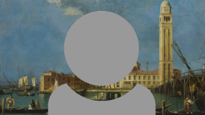 A grey person icon showing just head and shoulders with a painted view of an old Venice waterway and plaza building.