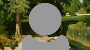 A grey person icon showing just head and shoulders with a painted view of a several green trees spread out on a green field background.