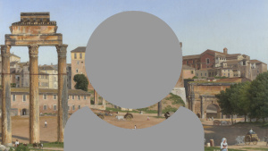 A grey person icon showing just head and shoulders with a painted view of a roman esq village background.