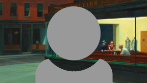 A grey person icon showing just head and shoulders with a painted view of an outside corner street of an American dinner at night.