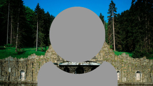 A grey person icon showing just head and shoulders with a forest and man made rocky wall background.