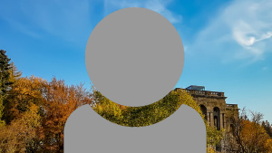 A grey person icon showing just head and shoulders with a treeline, building and blue sky background.